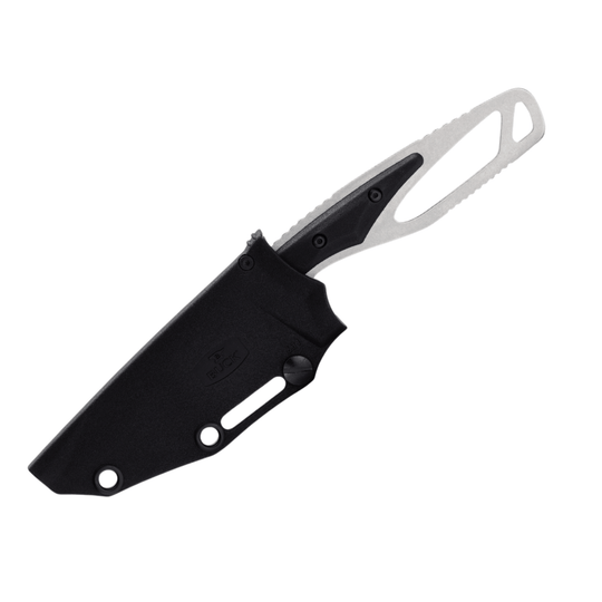 Black knife in molded sheath with silver fixed blade handle and lanyard holes
