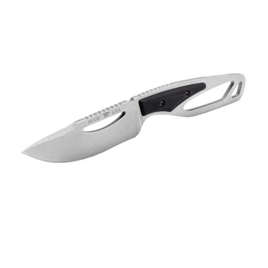 Silver fixed-blade knife with black handle insert and cutout handle, shown in profile