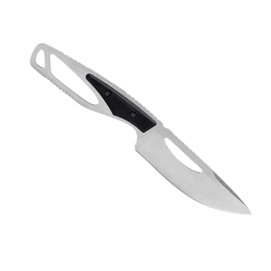 Silver fixed-blade knife with a black handle insert, shown on a white background