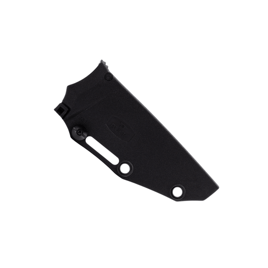 Black knife sheath with embossed logo, two circular holes, and a long slot cutout