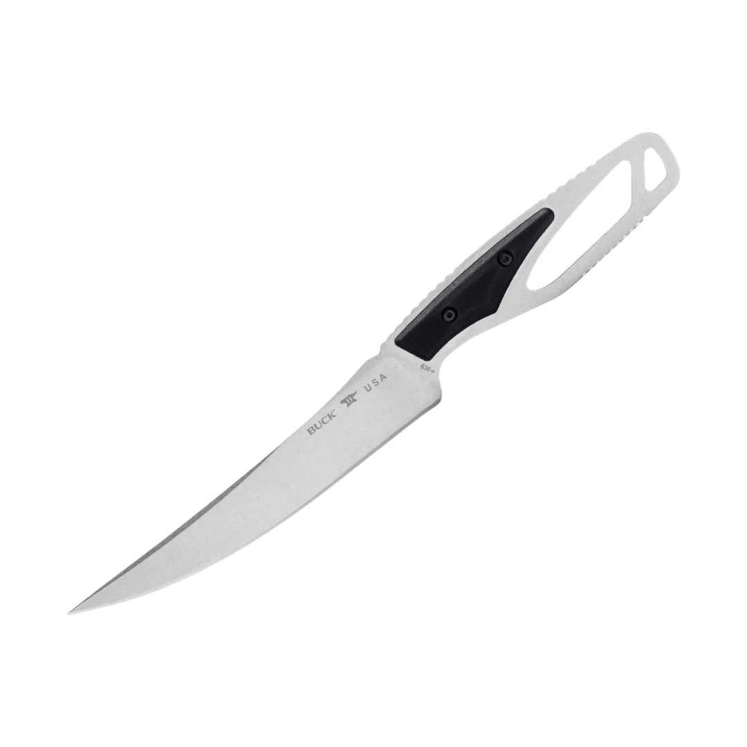 Stainless steel fixed-blade knife with black handle insert and skeletonized handle