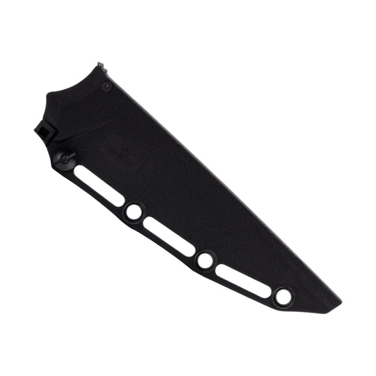 Black fixed-blade knife sheath with three elongated slots and round mounting holes