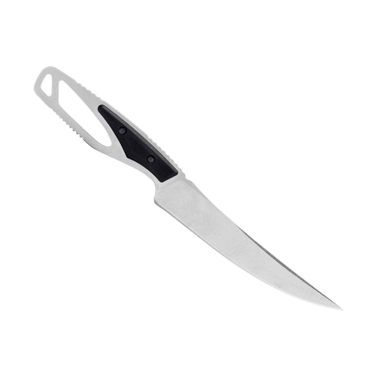 Stainless steel fixed-blade knife with black handle insert and skeletonized handle