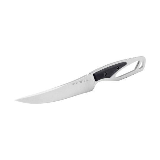 Stainless fixed-blade knife with black handle and open lanyard hole