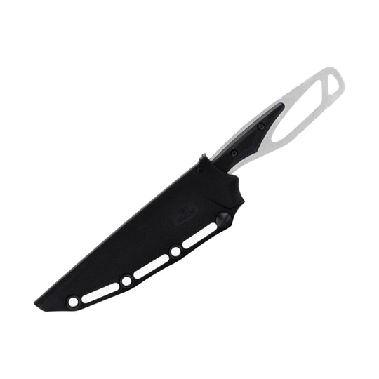 Black fixed-blade knife in a black sheath with a silver blade protruding at the top