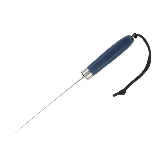 Blue-handled fillet knife with a long narrow stainless steel blade and black wrist lanyard