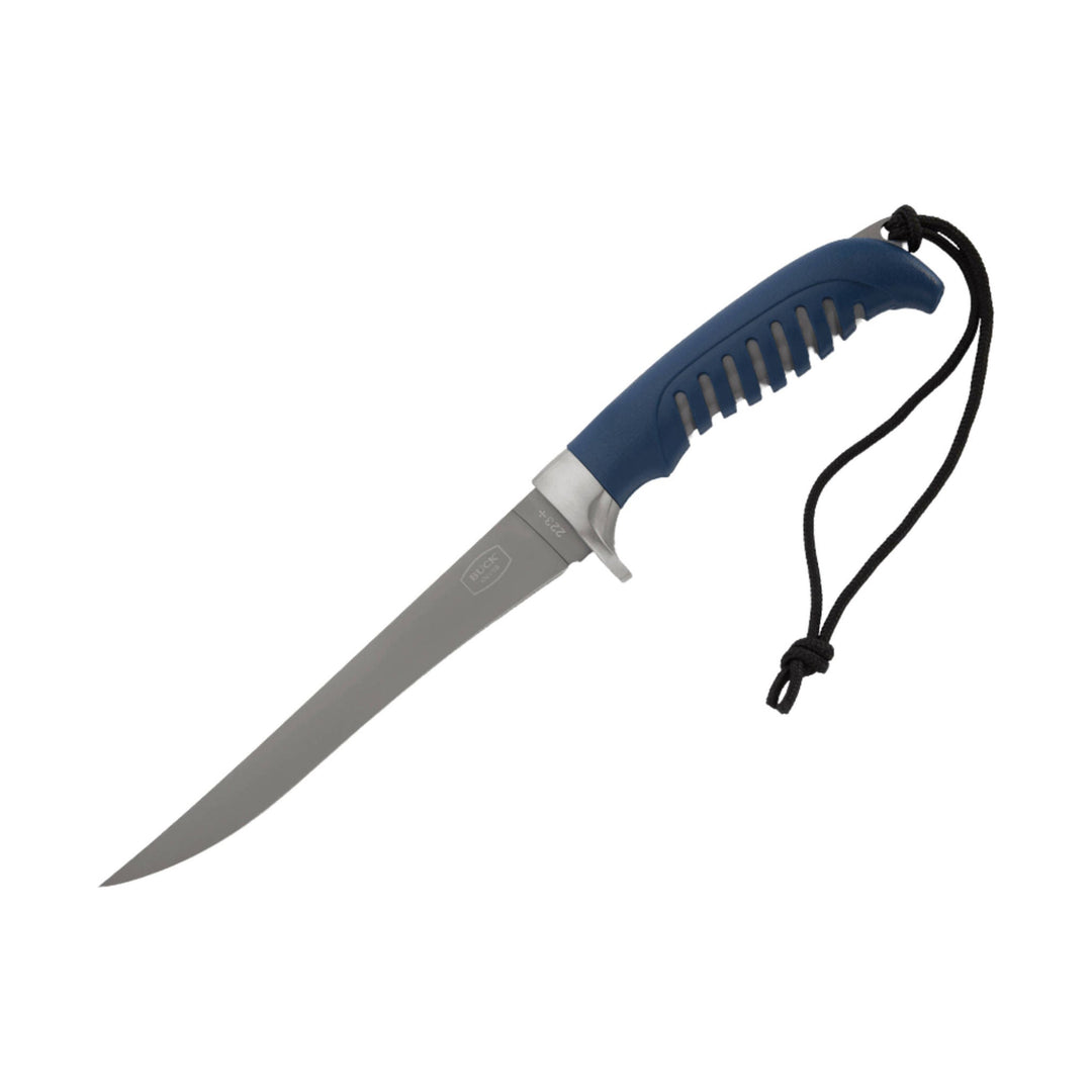 Blue-handled fillet knife with a long gray blade and black lanyard