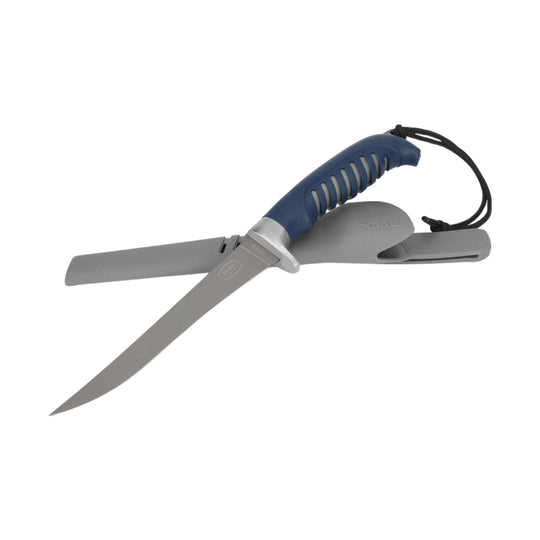 Blue-handled fillet knife with a gray sheath and lanyard