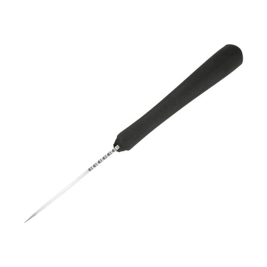 Black fixed-blade knife with a long silver blade and textured handle