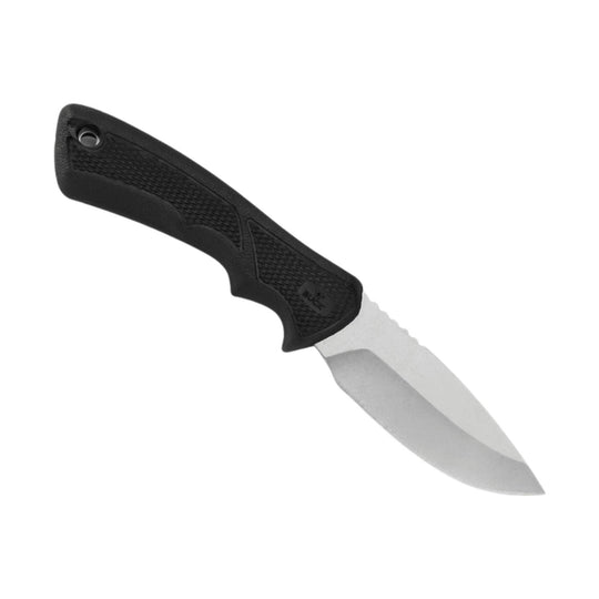 Black folding knife with a textured handle and silver blade shown on a white background