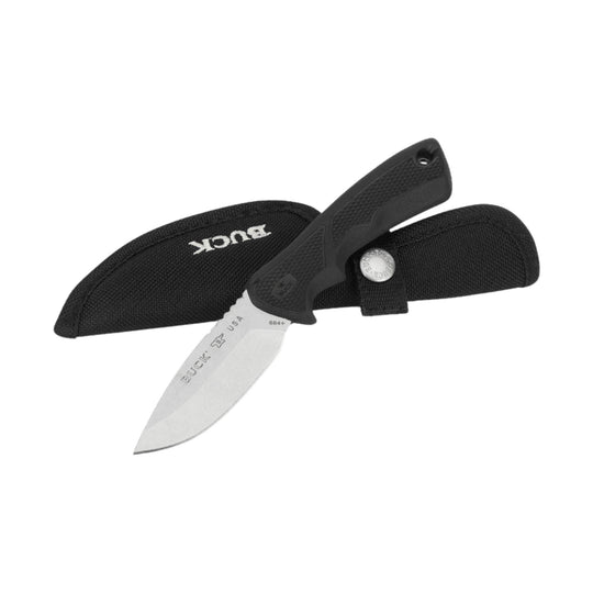 Black folding knife with a black sheath and silver blade, shown partially open
