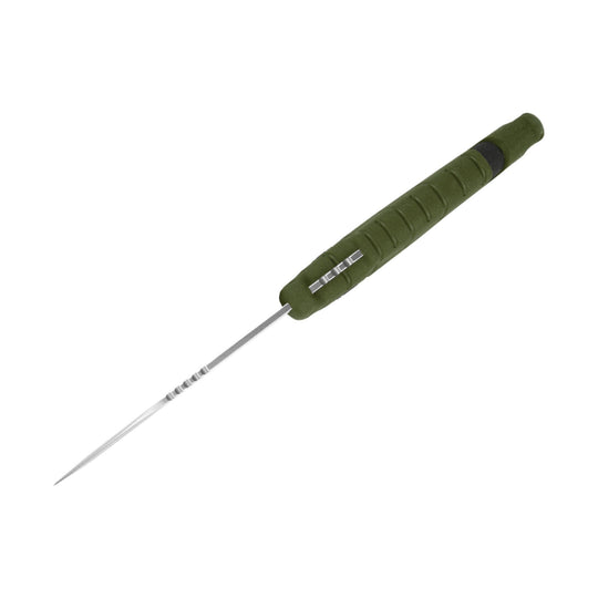 Green-handled fixed-blade knife with a long silver blade