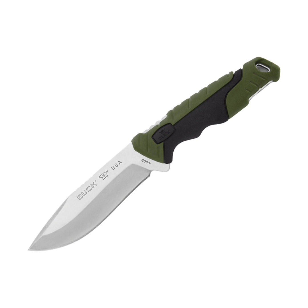Fixed-blade knife with olive and black handle and silver blade, shown at a diagonal angle