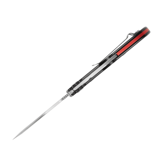 Folding pocketknife with black handle, red inlay, and long silver blade