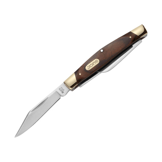 Folding pocket knife with woodgrain handle, brass bolsters, and open silver blade