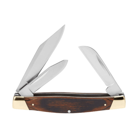 Three-blade folding pocket knife with a woodgrain handle and brass bolsters