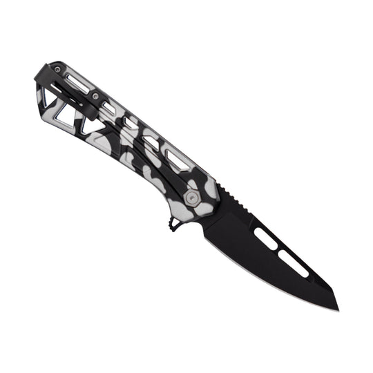 Folding knife with a camouflage handle and black blade on a white background