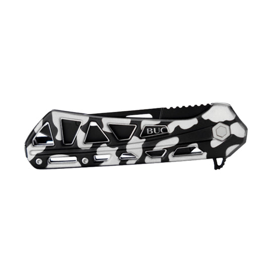 Black and white camouflage folding knife with geometric cutouts and a partial BUC logo
