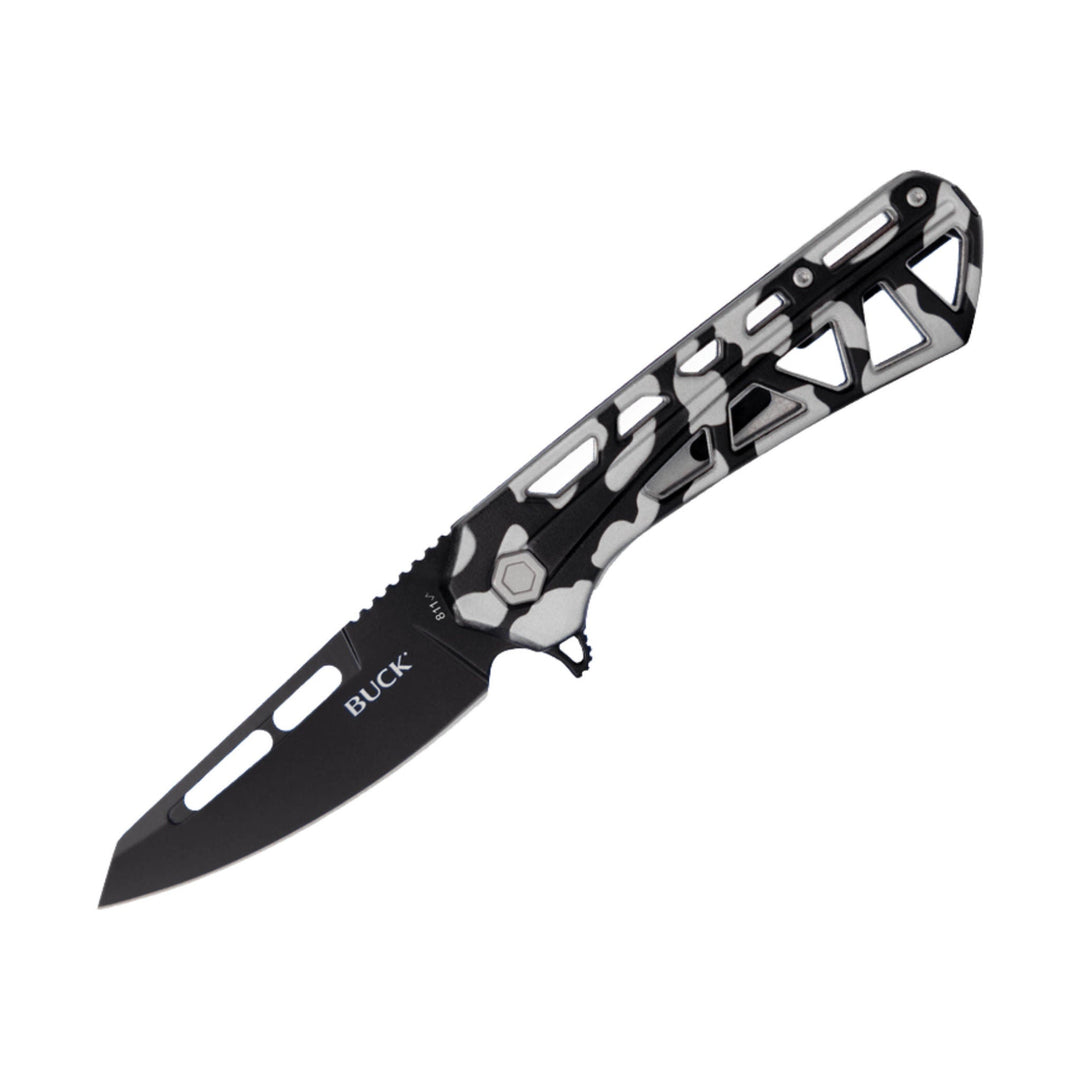 Black folding knife with a camo-patterned skeletonized handle and a black blade