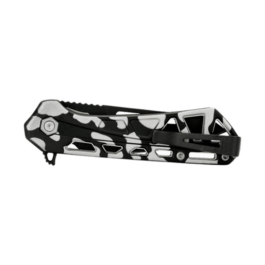 Black and gray camouflage folding knife with open handle and pocket clip