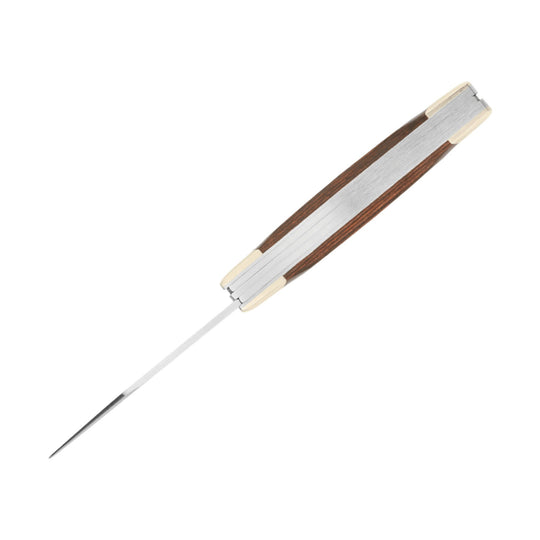 Wood-handled folding knife with a long silver blade