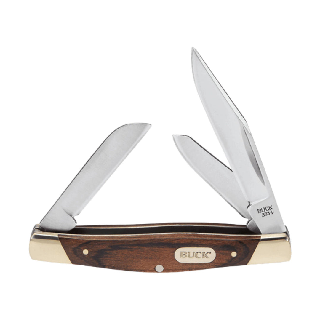 Wood-handled folding pocketknife with three open silver blades