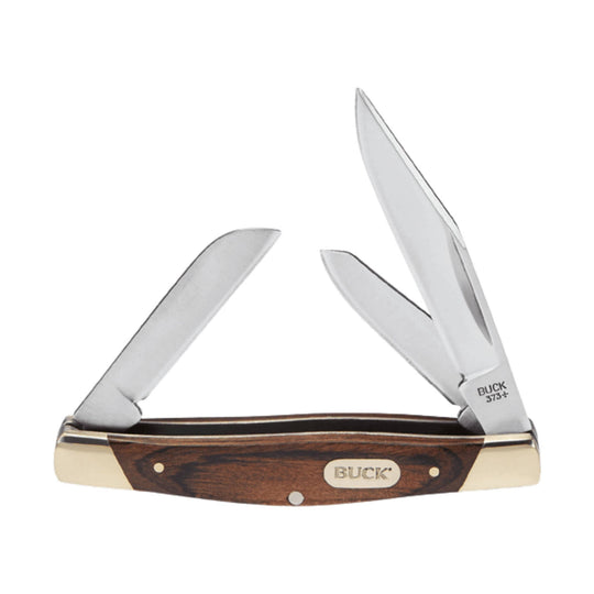 Wood-handled folding pocketknife with three open silver blades