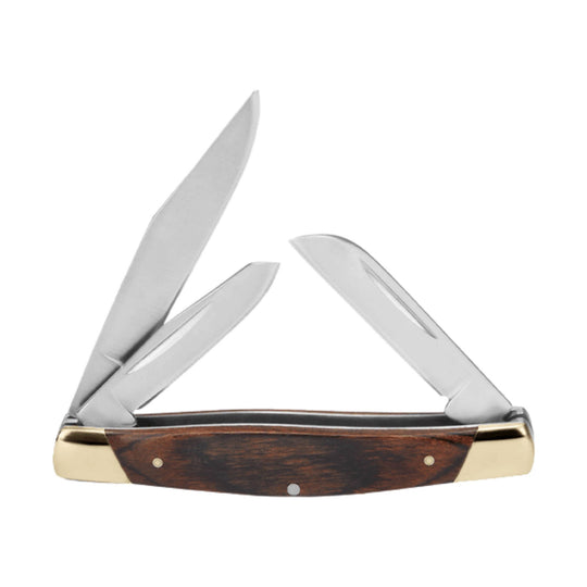 Wood-handled folding pocket knife with three stainless steel blades open