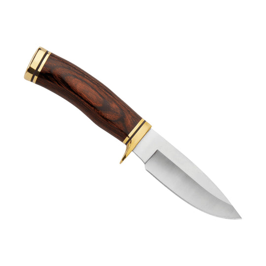 Fixed-blade knife with a dark wood handle, brass accents, and a silver blade on a white background
