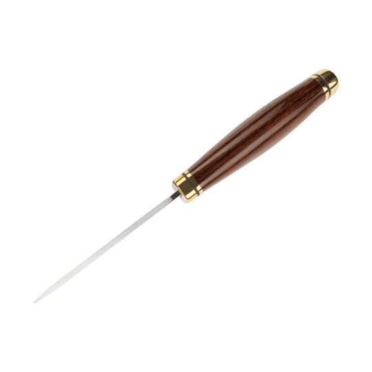 Slim fixed-blade knife with a dark wood handle and brass accents on a white background