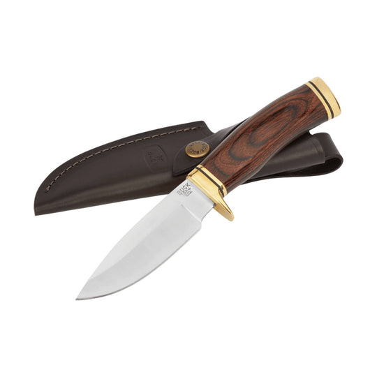 Fixed-blade hunting knife with wood handle, brass accents, and brown leather sheath