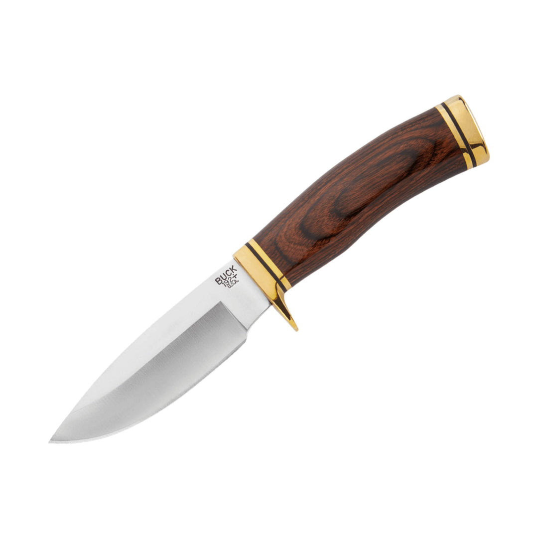 Fixed-blade knife with curved stainless steel blade, wood handle, and brass guard and pommel