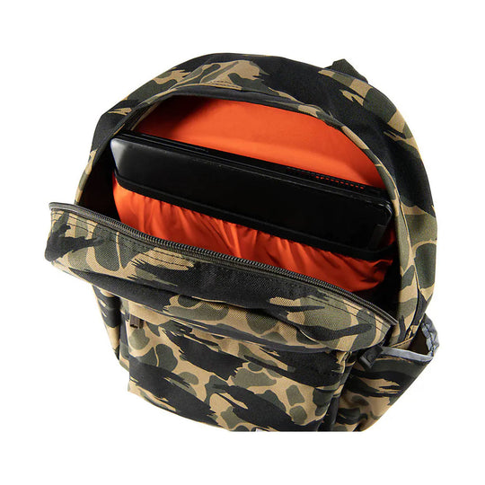 Camouflage backpack with front zipper pocket, partially unzipped to show an orange interior and black laptop sleeve