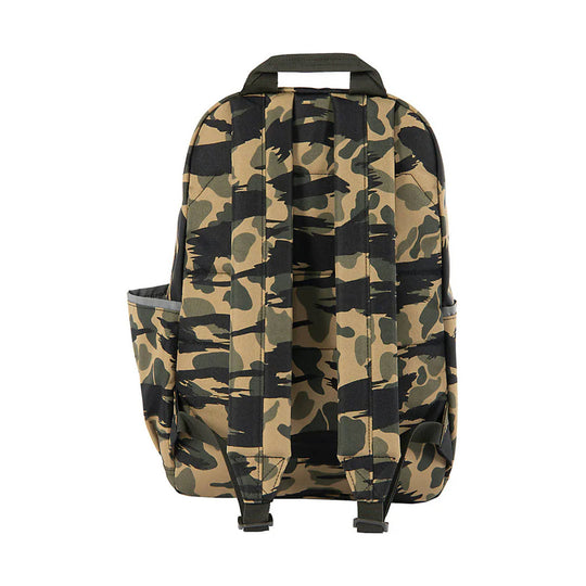 Camouflage backpack with padded shoulder straps, top handle, and side pockets
