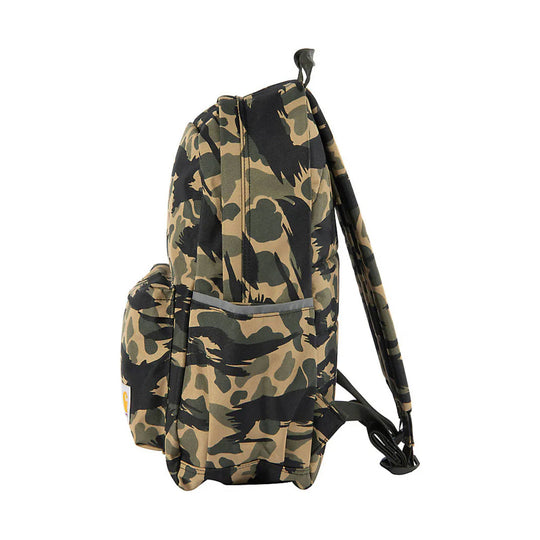 Camouflage backpack with side pocket, front zip pocket, and adjustable shoulder strap