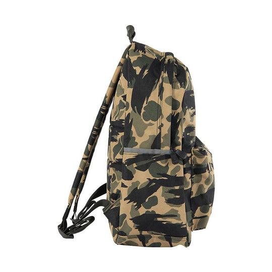 Camouflage backpack with front zip pocket, side pocket, and padded shoulder straps