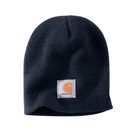 Dark blue knit beanie with Carhartt logo on a white background