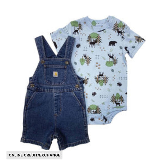 Carhartt Boys' Infant Short Sleeve Printed Bodysuit And Denim Shortall Set - Denim Medium Wash - ONLINE CREDIT/EXCHANGE - Lenny's Shoe & Apparel