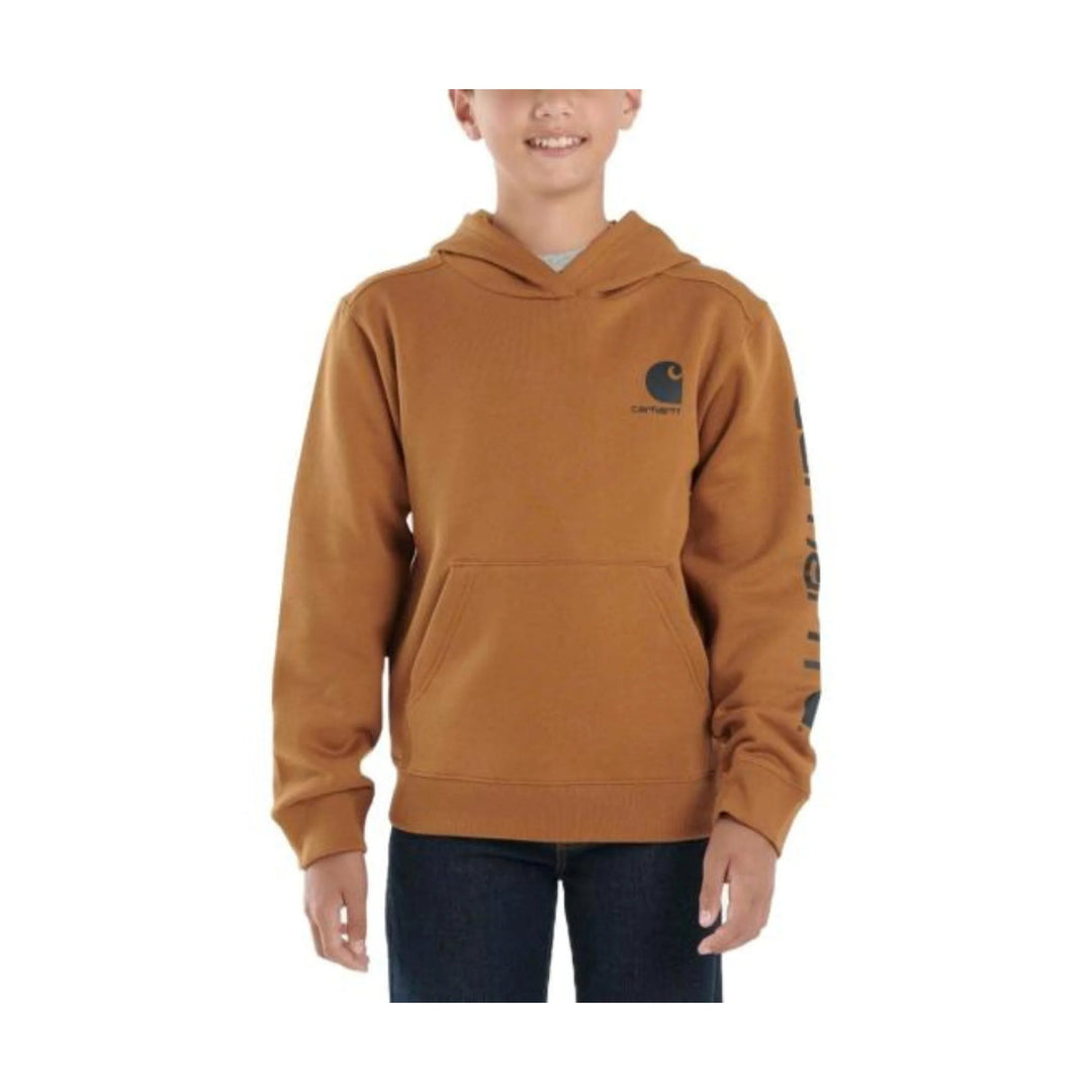 Brown hooded sweatshirt with front kangaroo pocket and small chest logo