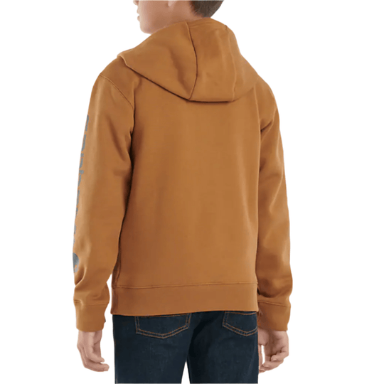 Brown boys' hooded sweatshirt shown from the back
