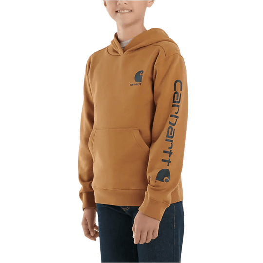 Brown hooded sweatshirt with kangaroo pocket and logo text on chest and sleeve