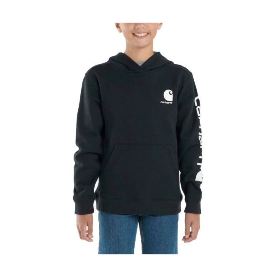 Black youth hoodie with a front kangaroo pocket and white Carhartt logo on the chest and sleeve
