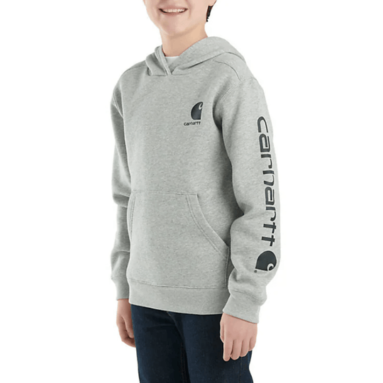 Heather gray boys' pullover hoodie with kangaroo pocket and black sleeve logo