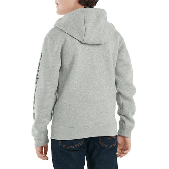 Heather gray hooded sweatshirt shown from the back with a small logo print on the sleeve