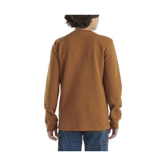 Brown long-sleeve waffle-knit shirt shown from the back