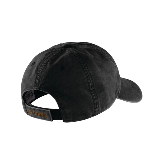 Black cap with a brand logo on a white background