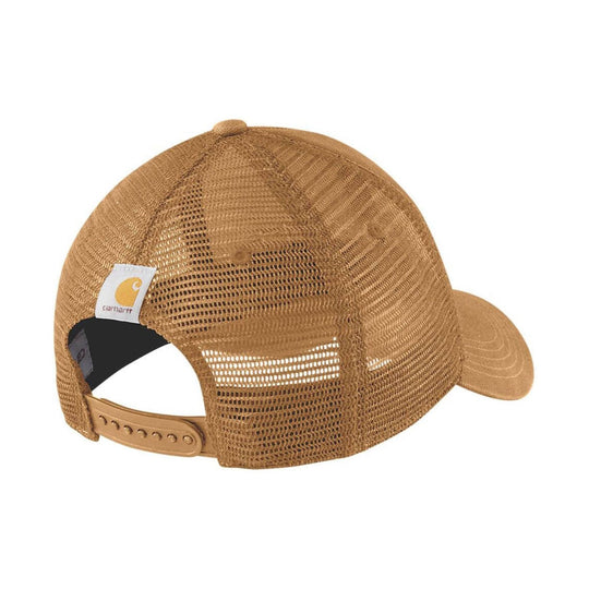 Brown mesh trucker cap with a curved brim and adjustable snapback closure