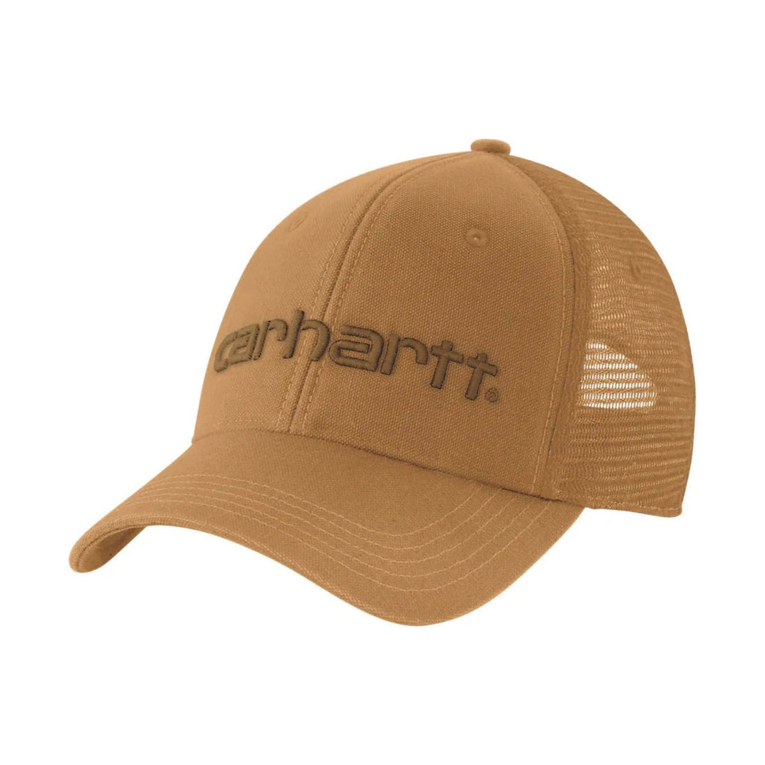 Tan mesh-back baseball cap with curved brim and embroidered Carhartt logo