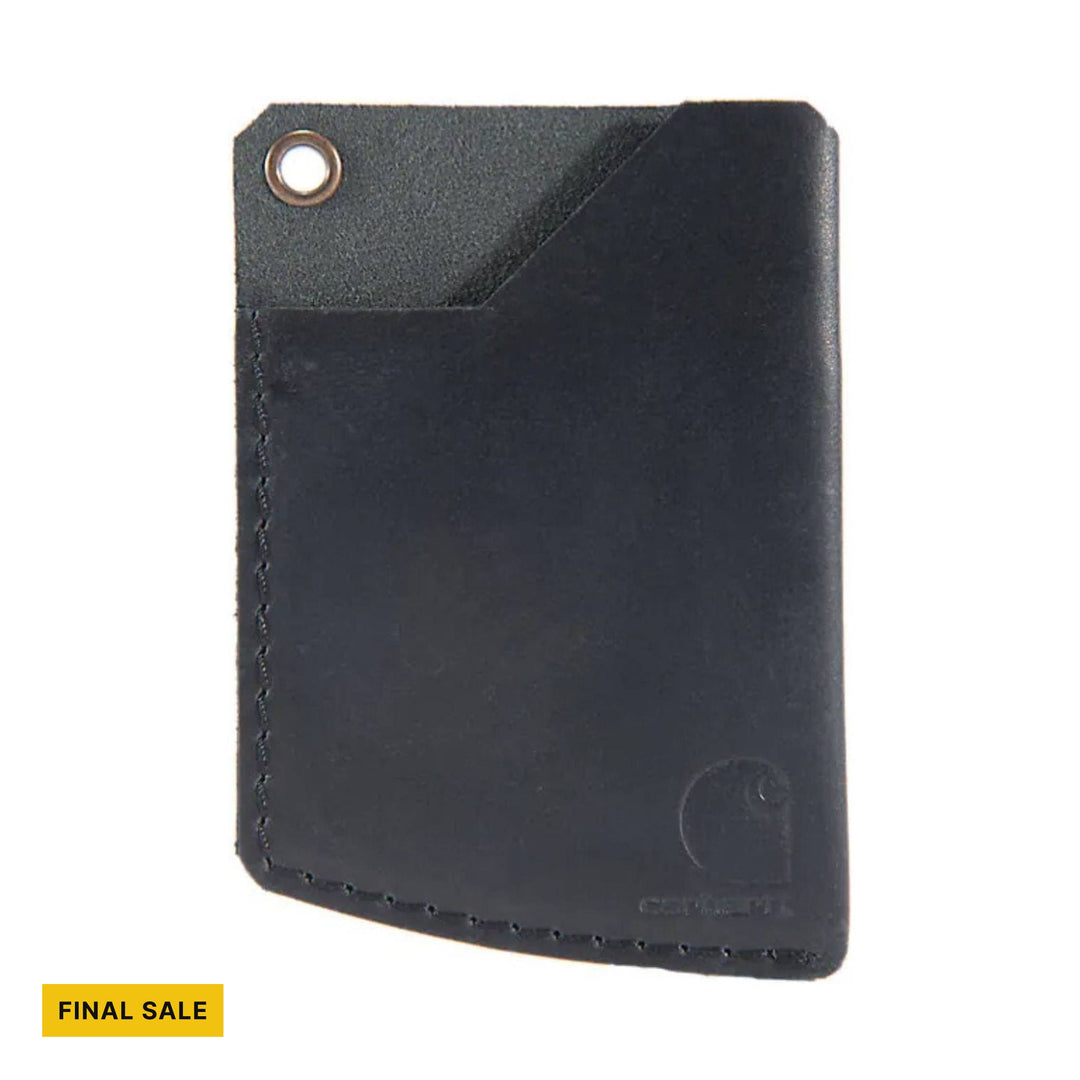 Black leather wallet with a metal grommet and stitched edges, labeled FINAL SALE