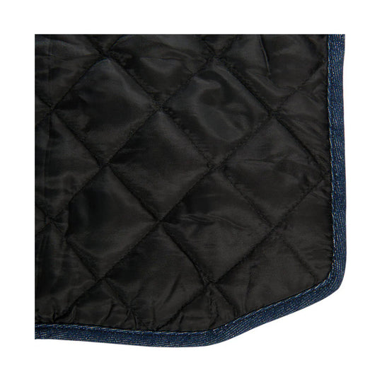 Black quilted dog coat with blue denim trim and a curved hem